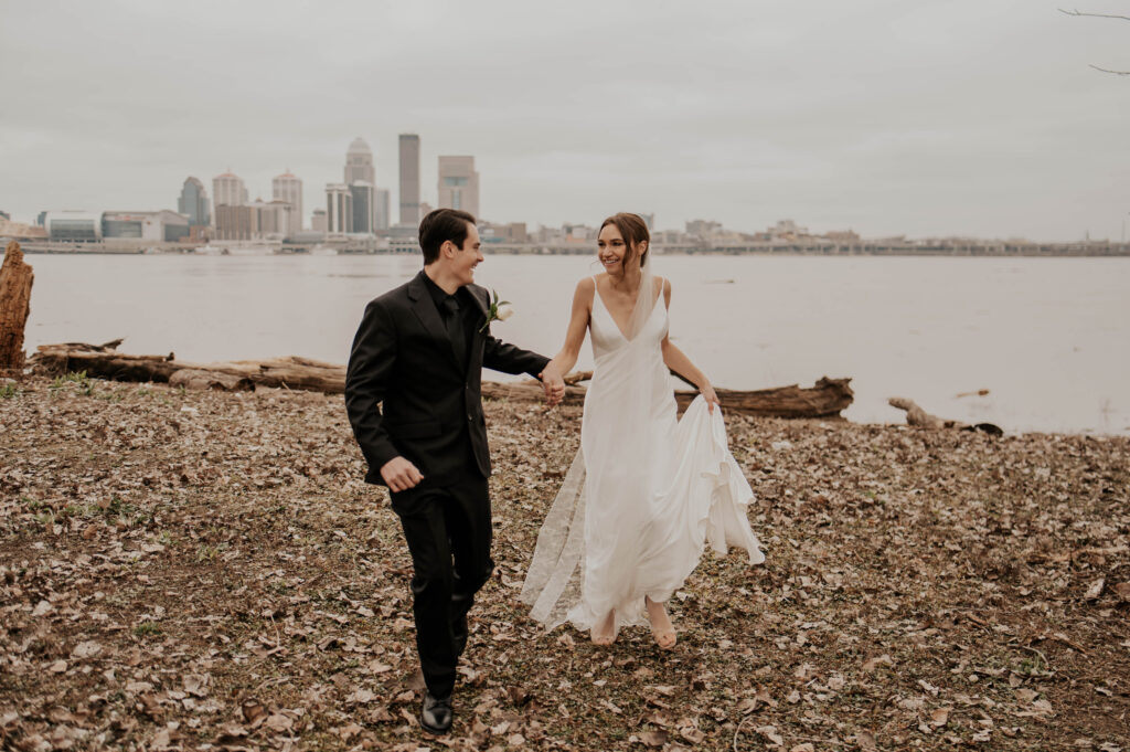 Bride and Groom in southern Indiana with Louisville skyline in background. 